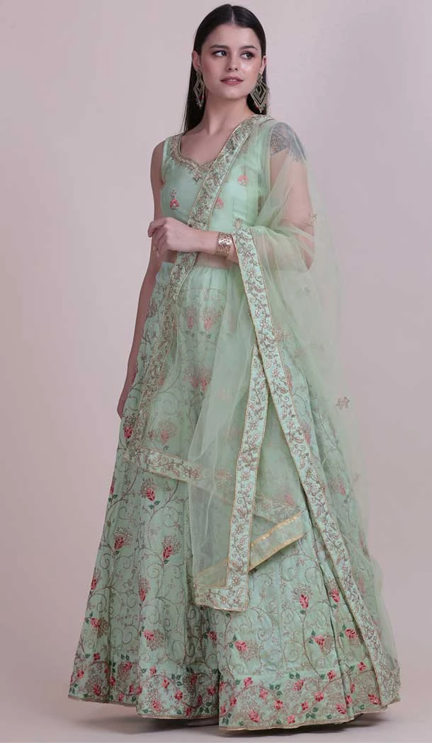 Pista Green Color Taffeta Silk Fancy Evening Wear Lehenga Choli - 4449154610