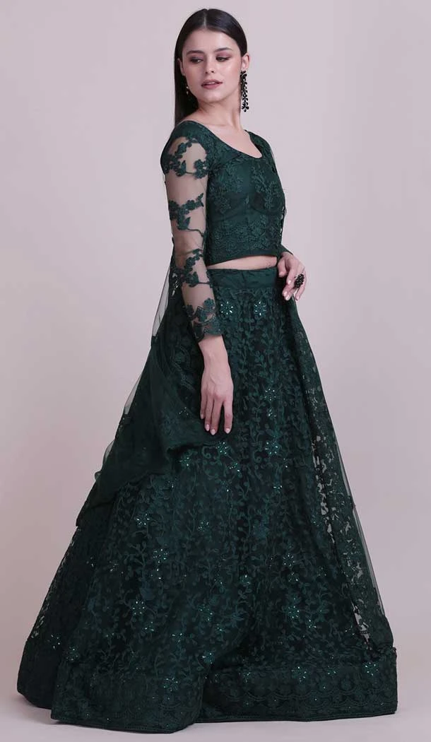 Emerald Green Color Net Fancy Evening Wear Lehenga Choli - 4449154611