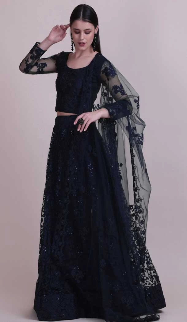 Navy Blue Color Net Fancy Evening Wear Lehenga Choli - 4449154618