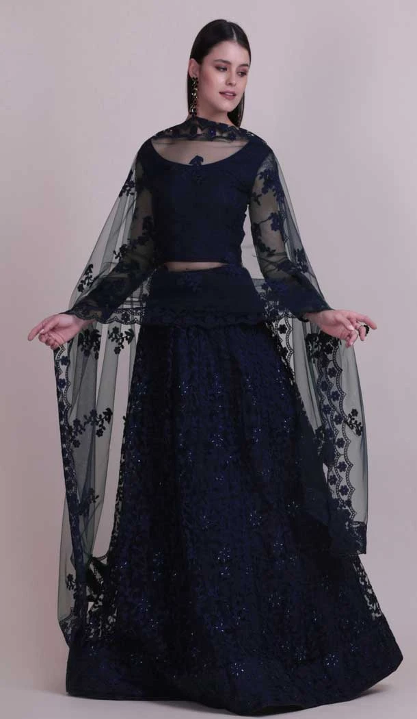 Navy Blue Color Net Fancy Evening Wear Lehenga Choli - 4449154618