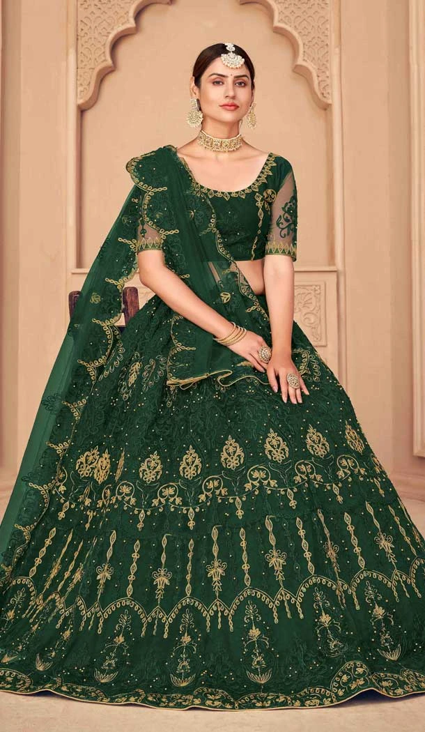 Dark Green Color Net Embroidered Fancy Evening Wear Lehenga - 4452154638