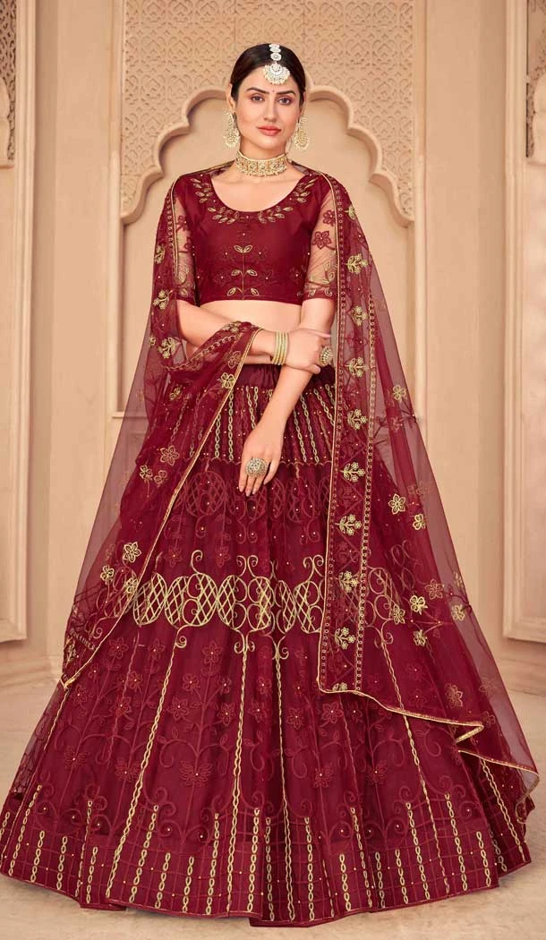 Maroon Color Net Embroidered Fancy Evening Wear Lehenga - 4452154639