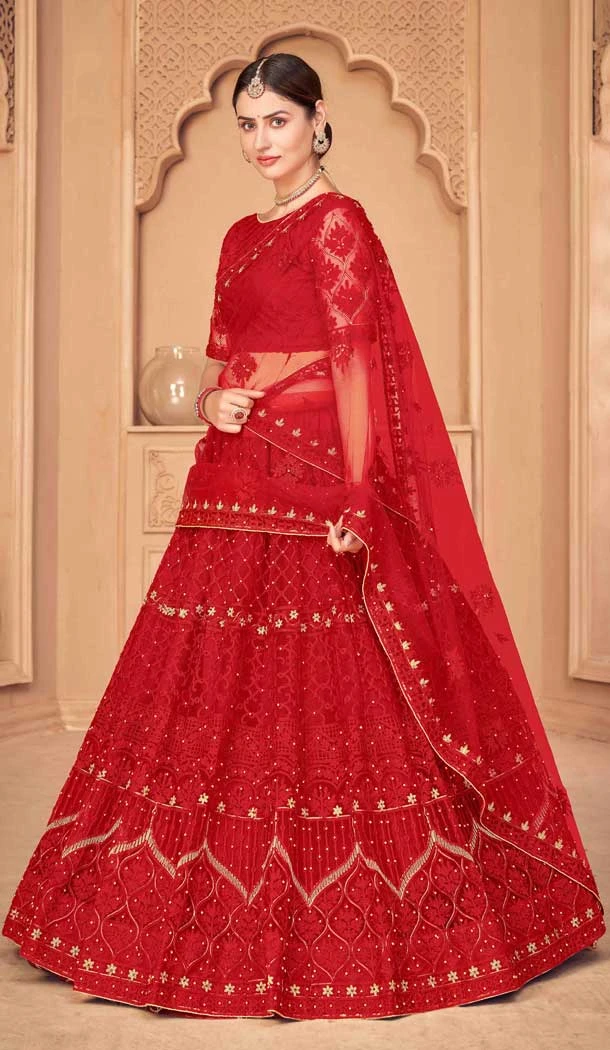 Red Color Net Embroidered Fancy Evening Wear Lehenga - 4452154640