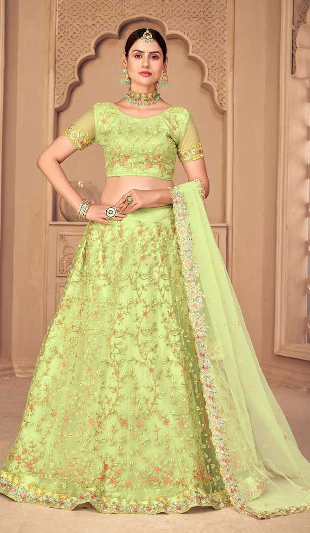 Pista Green Color Net Embroidered Fancy Evening Wear Lehenga - 4452154641