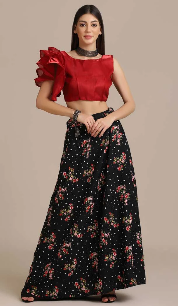 Black-Red Color Crepe Printed Stylish Evening Wear Lehenga - 4453154642