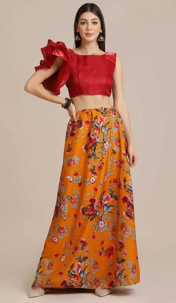 Mustard Red Color Crepe Printed Stylish Evening Wear Lehenga - 4453154644
