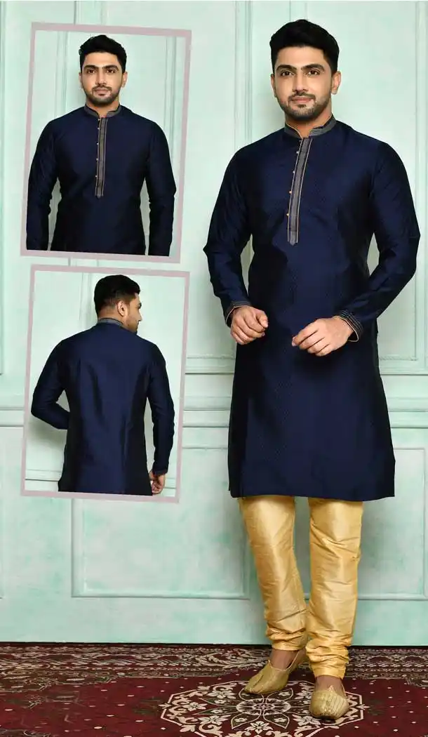 Alluring Navy Blue Color Brocade Designer Wear Men's Plus Size Kurta Pajama -4455154701