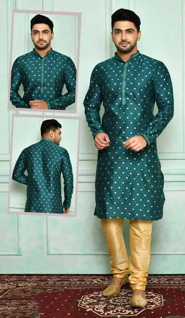 Adorable Teal Blue Color Brocade Designer Wear Men's Plus Size Kurta Pajama -4455154702