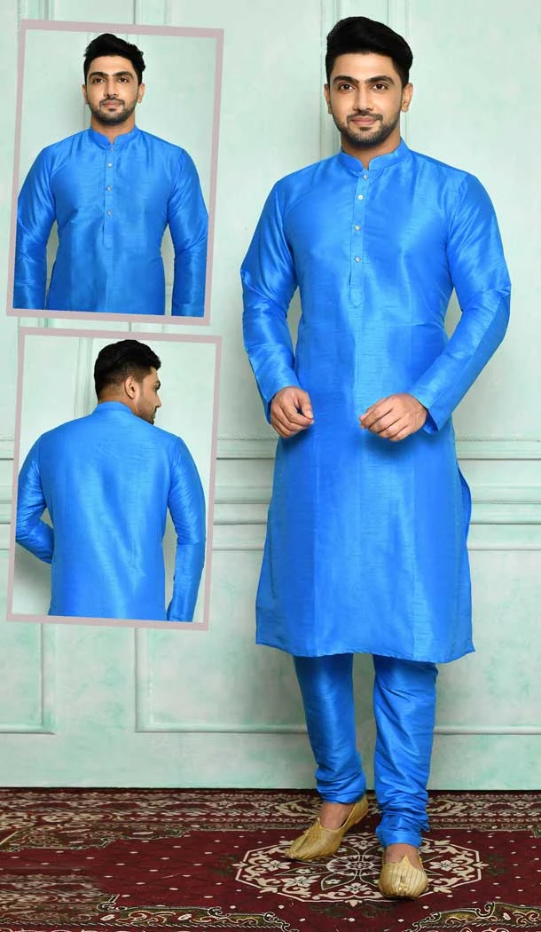 Chic Light Blue Color Art Silk Designer Wear Men's Plus Size Kurta Pajama -4455154705