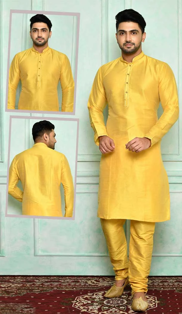 Yellow Color Art Silk Designer Wear Men's Plus Size Kurta Pajama -4455154706