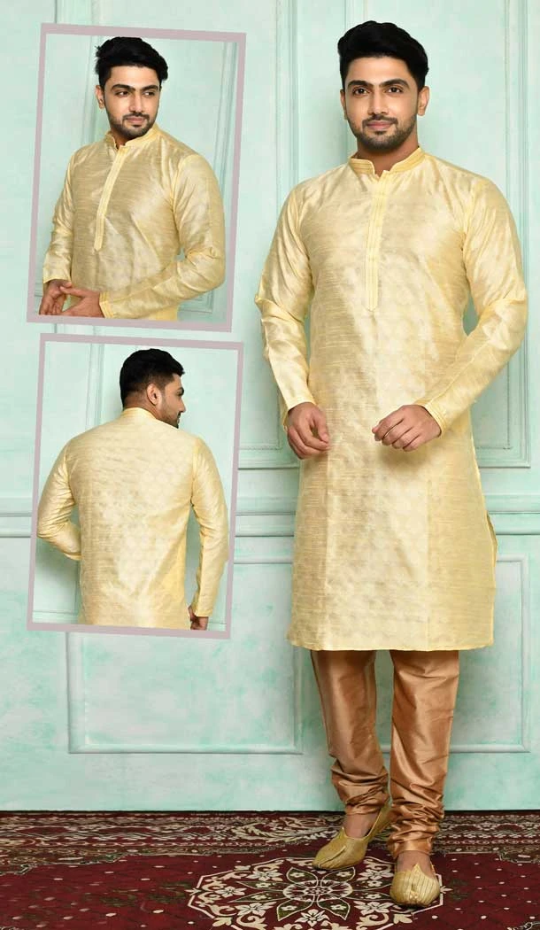 Attractive Cream Color Brocade Designer Wear Men's Plus Size Kurta Pajama -4455154709