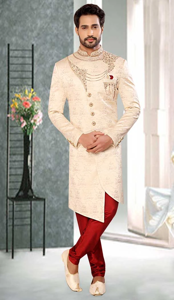 Cream Brocade Designer Festival Wear Men's Sherwani in Plus Size -4456154711