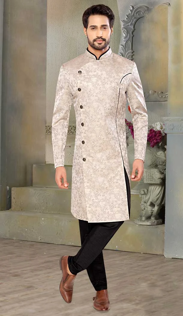 Grey Jacquard Designer Festival Wear Men's Sherwani in Plus Size -4456154712