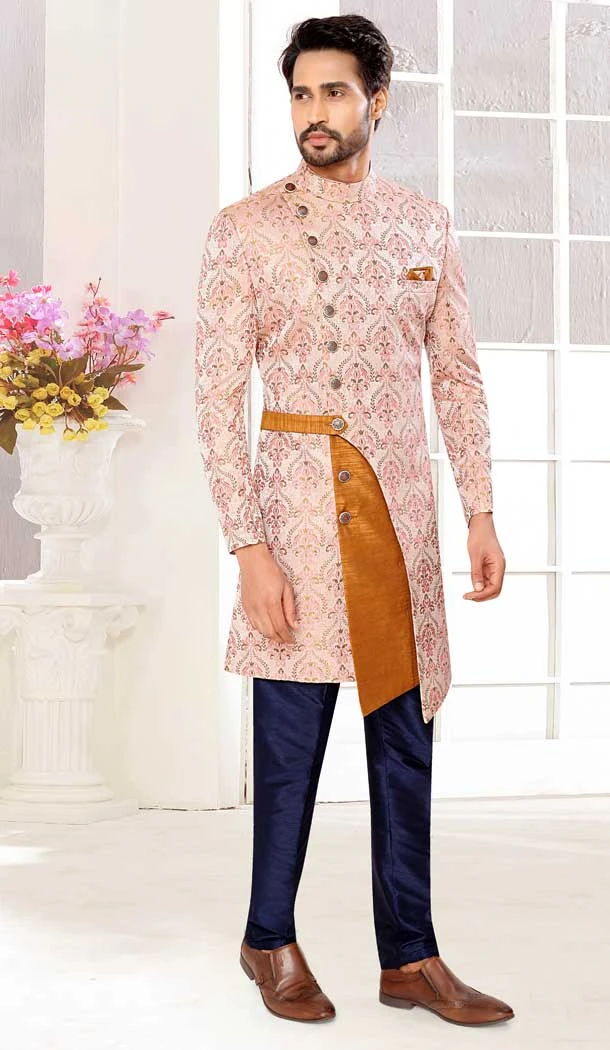 Baby Pink Jacquard Designer Festival Wear Men's Sherwani in Plus Size -4456154713