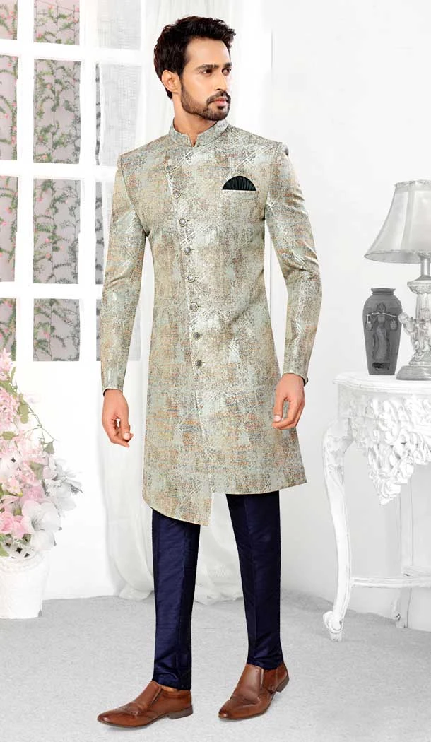Elegant Sky Blue Jacquard Designer Festival Wear Men's Sherwani in Plus Size -4456154714