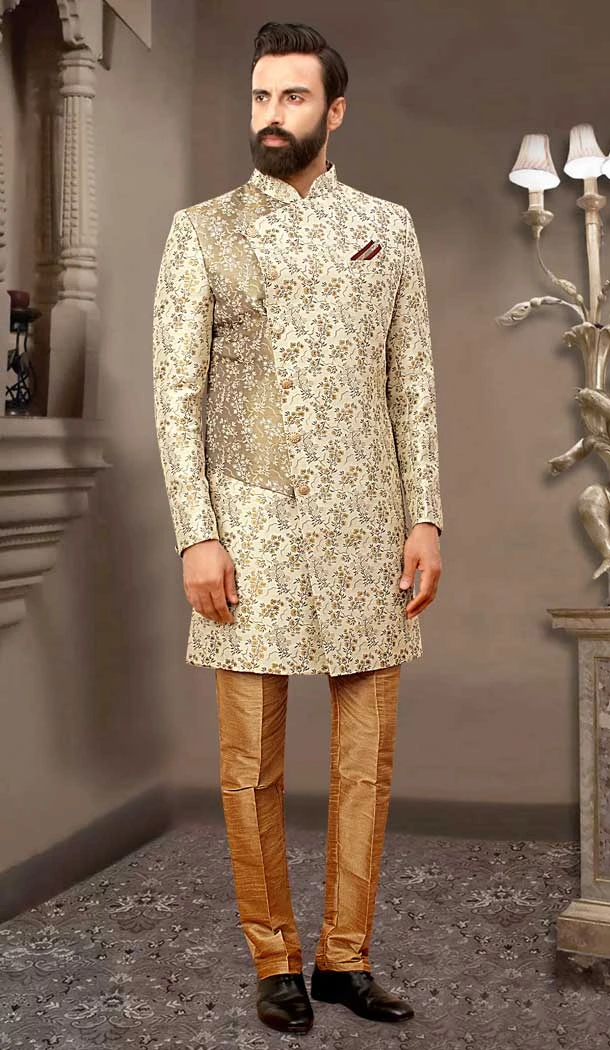 Exquisite Cream Brocade Designer Festival Wear Men's Sherwani in Plus Size -4456154716