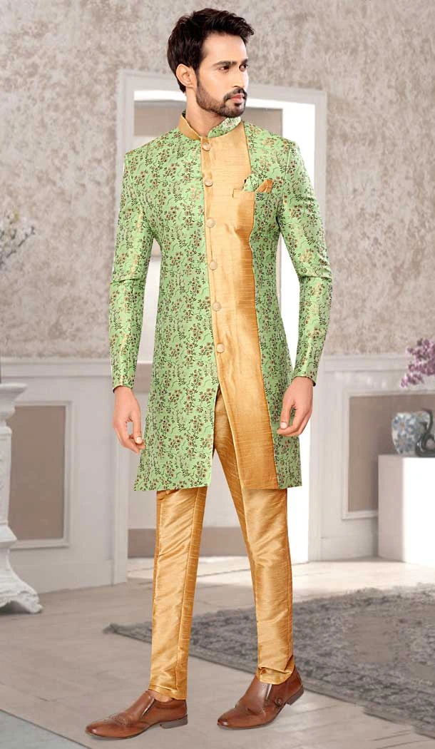 Pista Green Brocade Designer Festival Wear Men's Sherwani in Plus Size -4456154717