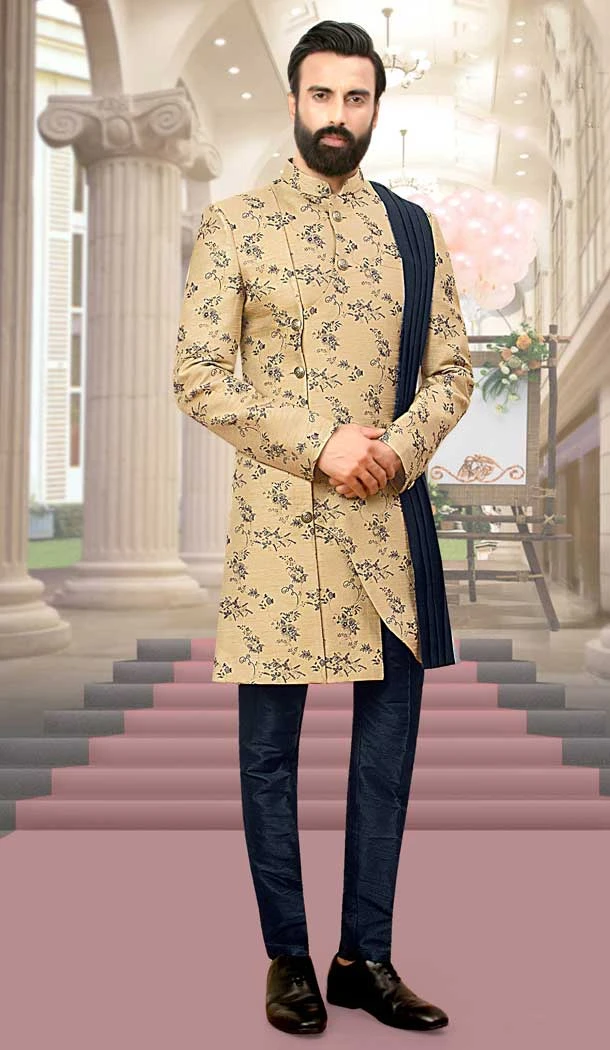 Fawn Brocade Designer Festival Wear Men's Sherwani in Plus Size -4456154718