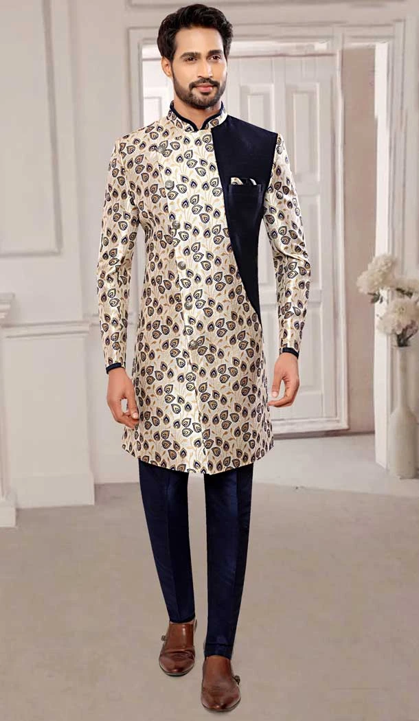 Elegant Navy Blue Brocade Designer Festival Wear Men's Sherwani in Plus Size -4456154720
