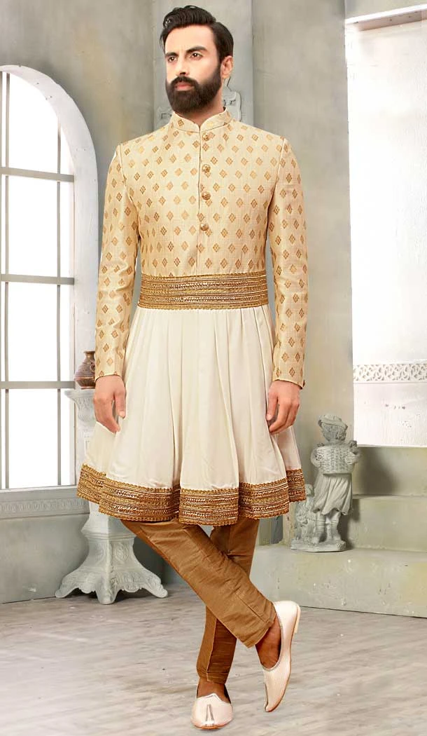 Contemporary Cream Brocade Designer Festival Wear Men's Sherwani in Plus Size -4456154721