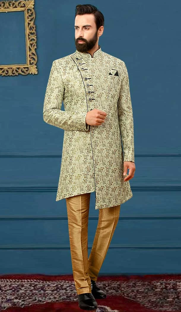 Enticing Pista Green Brocade Designer Festival Wear Men's Sherwani in Plus Size -4456154723