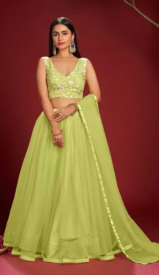 Light Green Color Net Embroidered Designer Evening Wear Lehenga - 4450154621