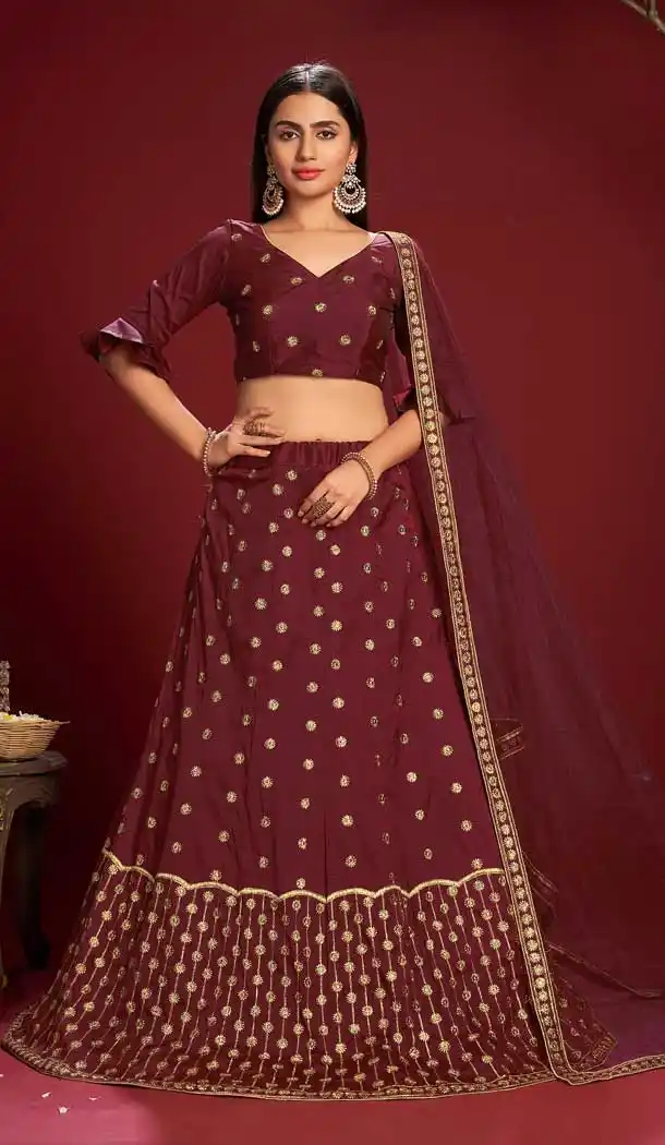 Maroon Color Taffeta Silk Designer Evening Wear Lehenga - 4450154626