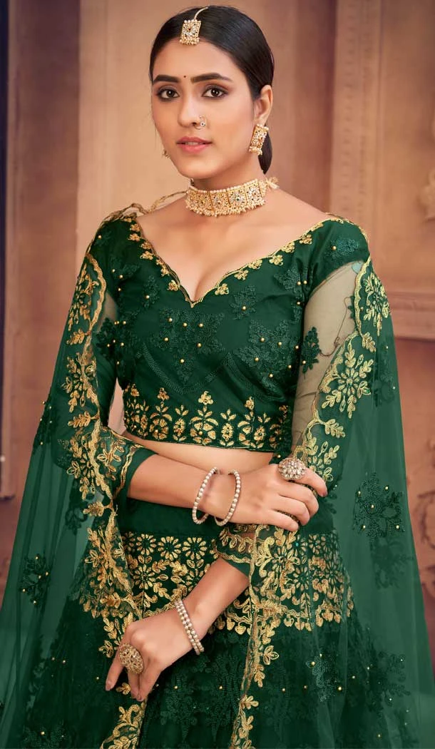 Bottle Green Color Net Embroidered Designer Festive Wear Lehenga Choli - 4451154629
