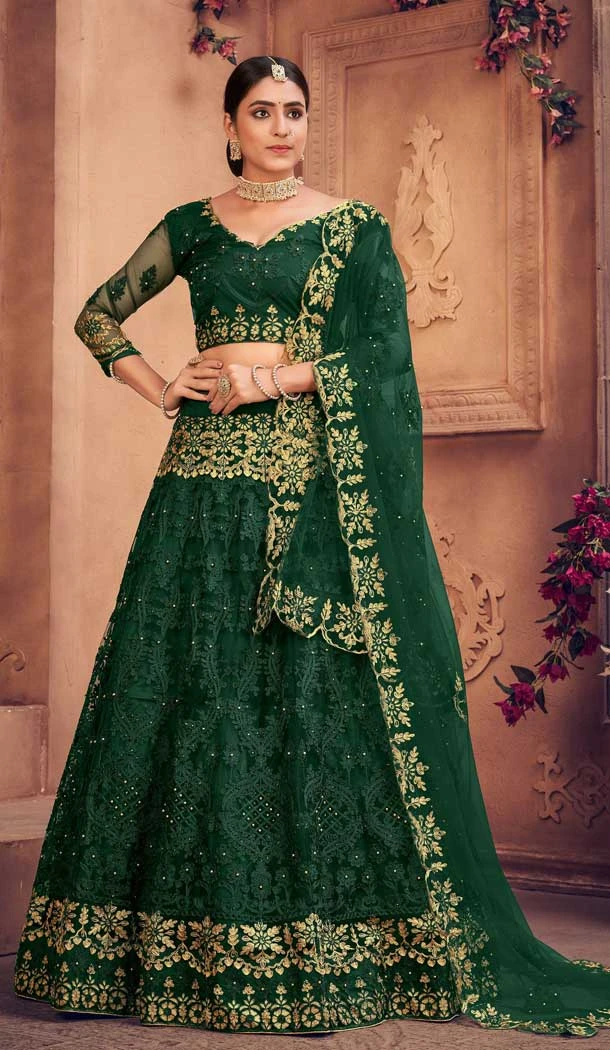 Bottle Green Color Net Embroidered Designer Festive Wear Lehenga Choli - 4451154629