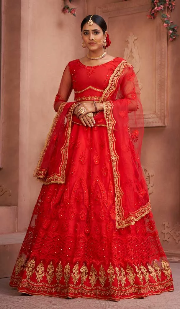 Red Color Net Embroidered Designer Festive Wear Lehenga Choli - 4451154630