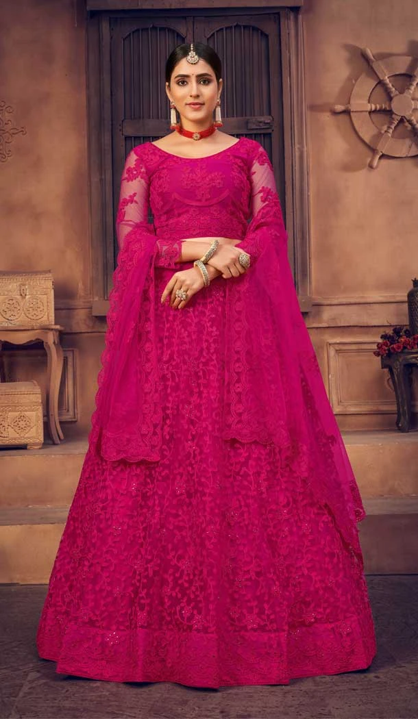 Rani Pink Color Net Embroidered Designer Festive Wear Lehenga Choli - 4451154631