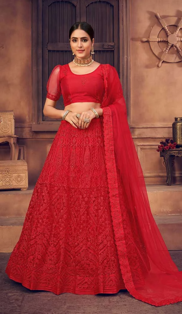 Dazzling Red Color Net Designer Festive Wear Lehenga Choli - 4451154633