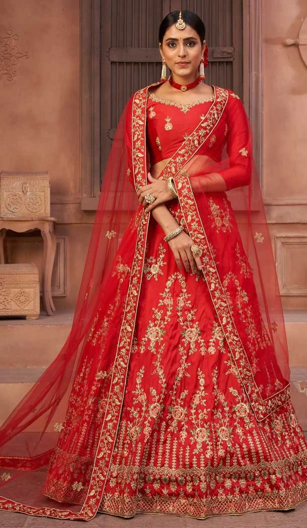 Smashing Red Color Taffeta Silk Designer Festive Wear Lehenga Choli - 4451154634