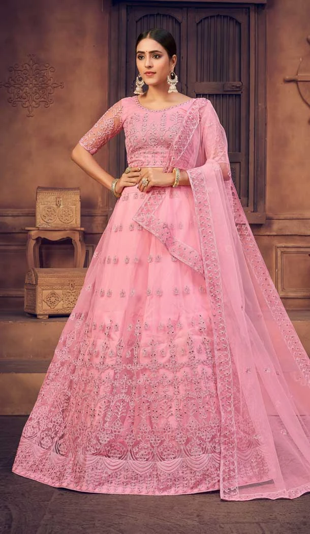 Baby Pink Color Net Designer Festive Wear Lehenga Choli - 4451154635