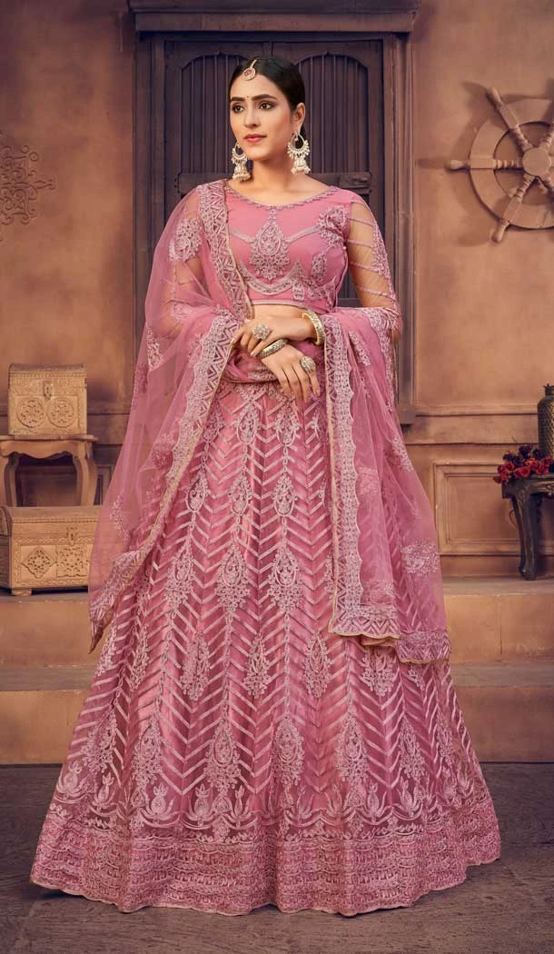 Pink Color Net Embroidered Designer Festive Wear Lehenga Choli - 4451154636