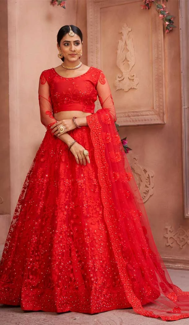 Brick Red Color Net Embroidered Designer Festive Wear Lehenga Choli - 4451154637