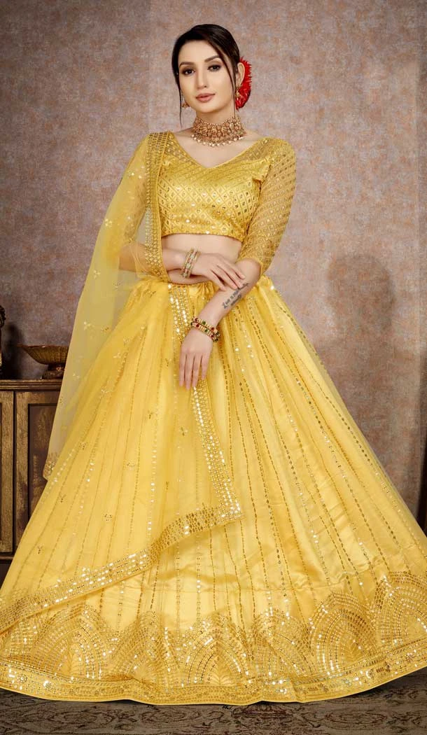 Light Yellow Color Butterfly Net Embroidery Work Designer Party Wear Lehenga Choli -4465154817