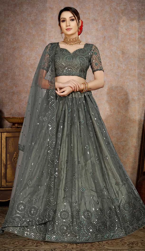Dark Grey Color Butterfly Net Embroidery Work Designer Party Wear Lehenga Choli -4465154819