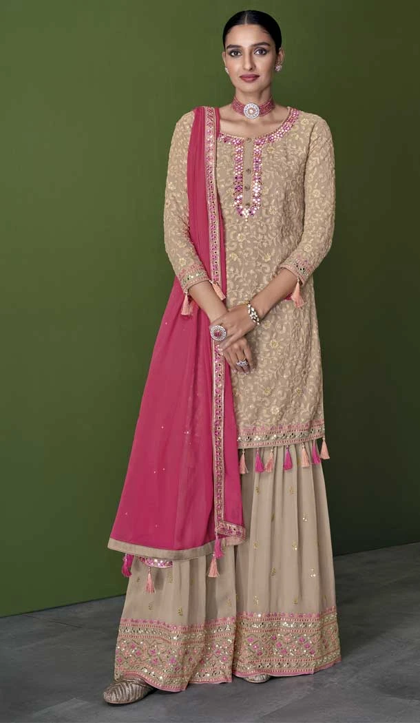 Beige Color With Embroidery Work  Faux Georgette Party Wear Palazzo Suit - 4474154852