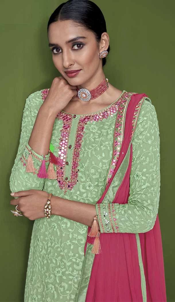 Pista Green Color With Embroidery Work Faux Georgette Party Wear Palazzo Suit - 4474154853