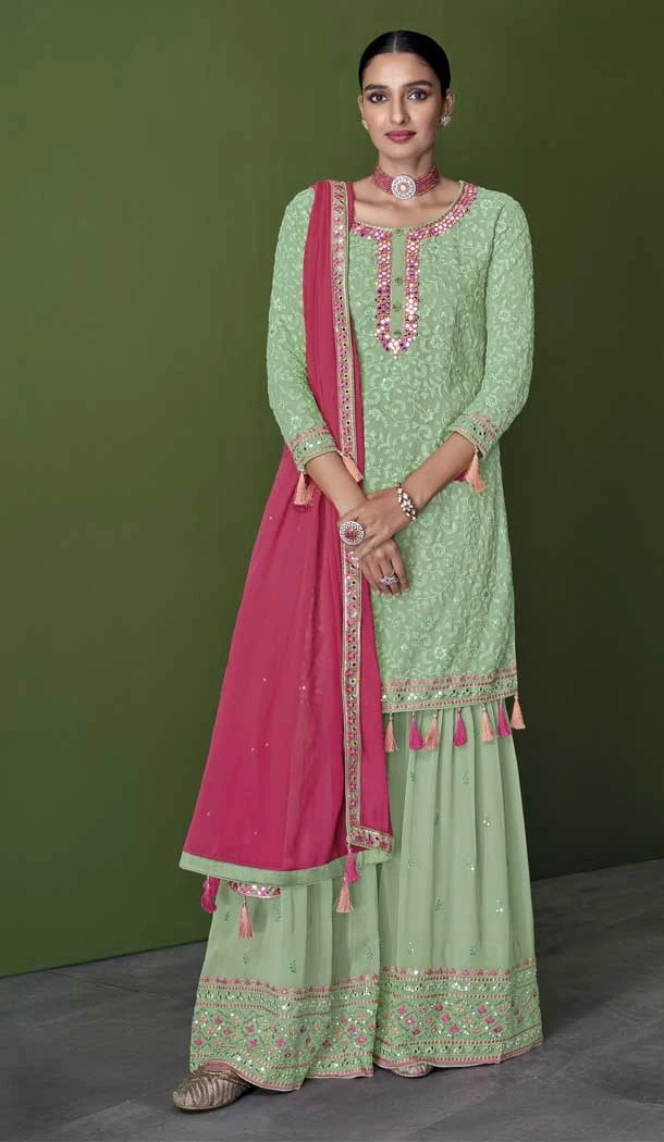 Pista Green Color With Embroidery Work Faux Georgette Party Wear Palazzo Suit - 4474154853