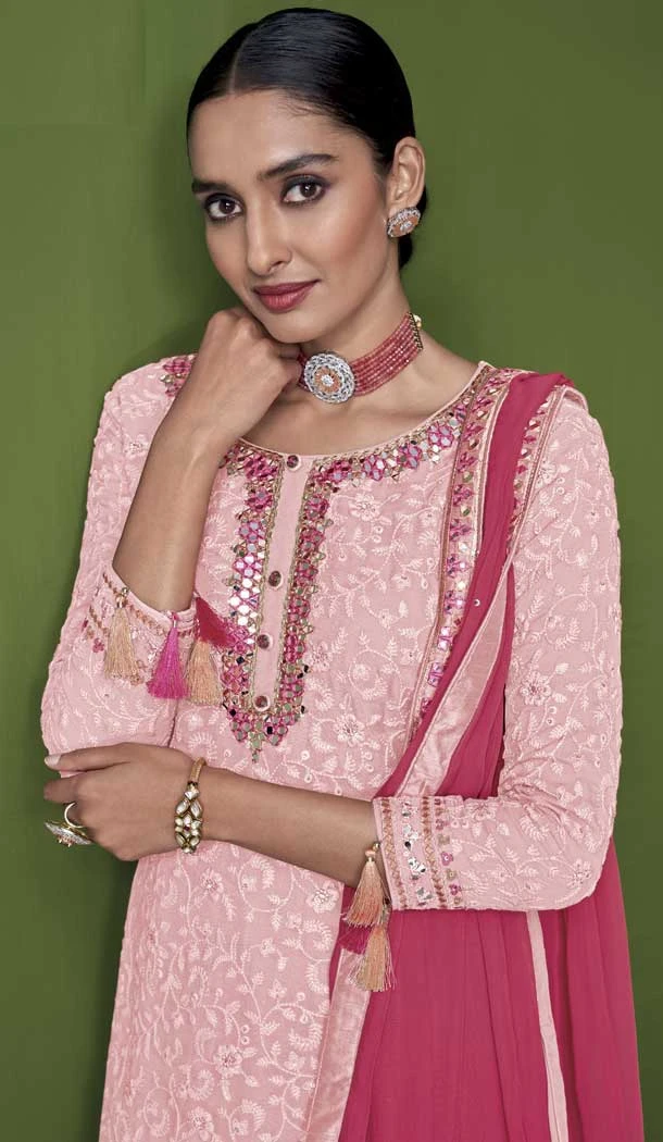 Baby Pink Color With Embroidery Work Faux Georgette Party Wear Palazzo Suit - 4474154854