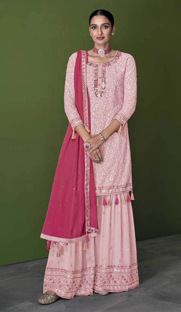 Baby Pink Color With Embroidery Work Faux Georgette Party Wear Palazzo Suit - 4474154854