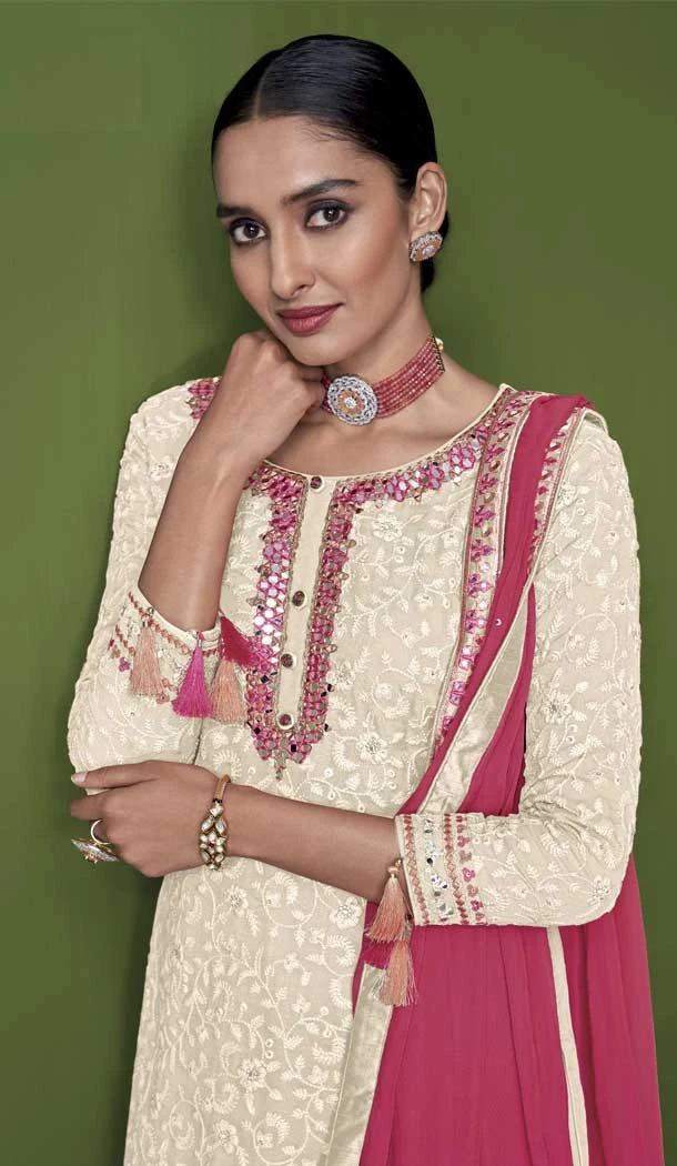 White Color With Embroidery Work Faux Georgette Party Wear Palazzo Suit - 4474154855