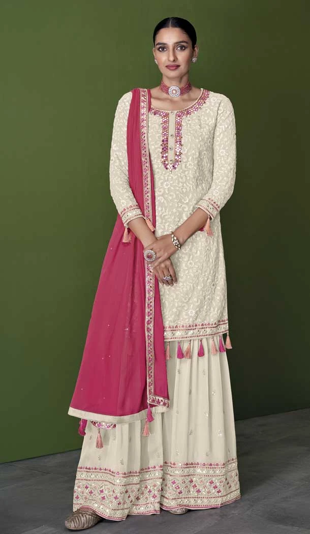White Color With Embroidery Work Faux Georgette Party Wear Palazzo Suit - 4474154855