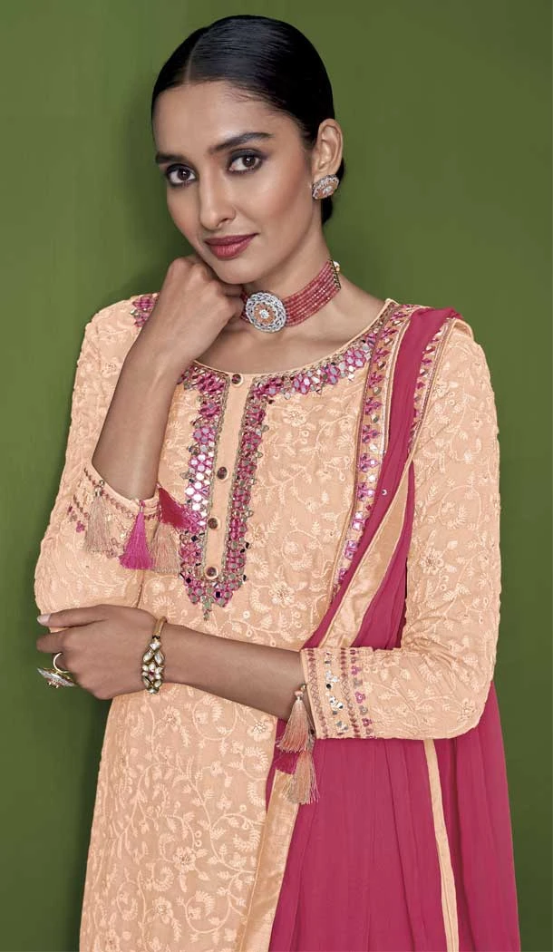 Peach Color With Embroidery Work Faux Georgette Party Wear Palazzo Suit - 4474154856