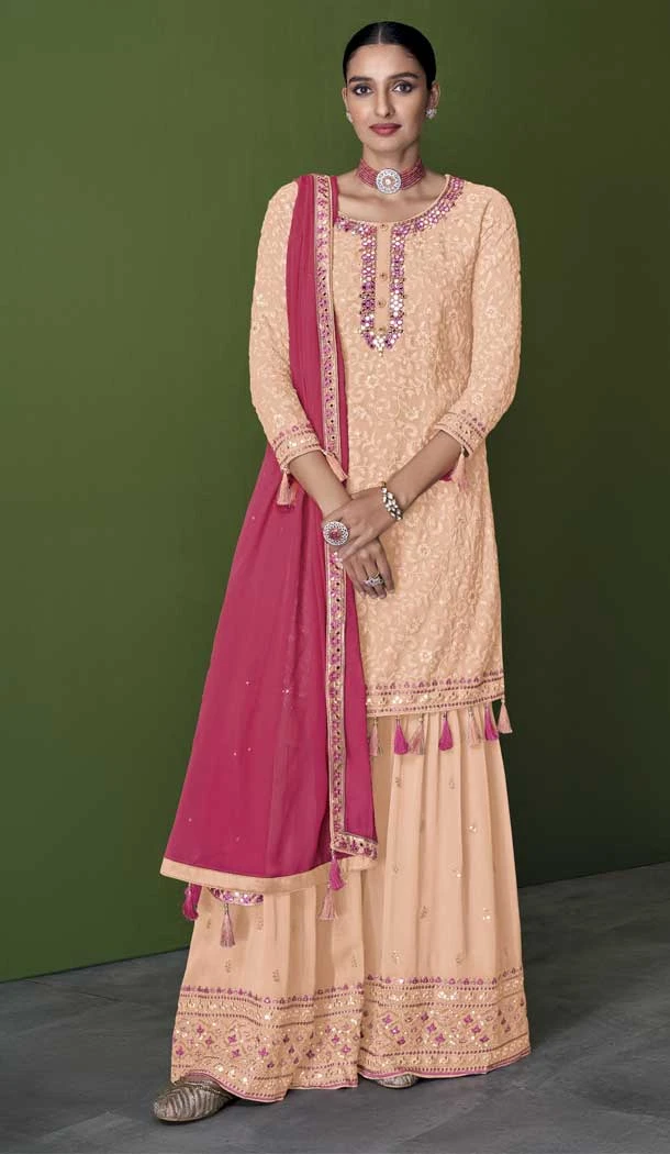 Peach Color With Embroidery Work Faux Georgette Party Wear Palazzo Suit - 4474154856