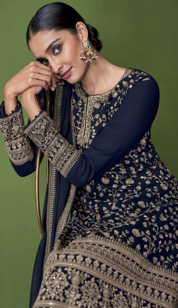 Navy Blue Fox Georgette Embroidery Pakistani Style Palazzo Salwar Kameez -4475154857