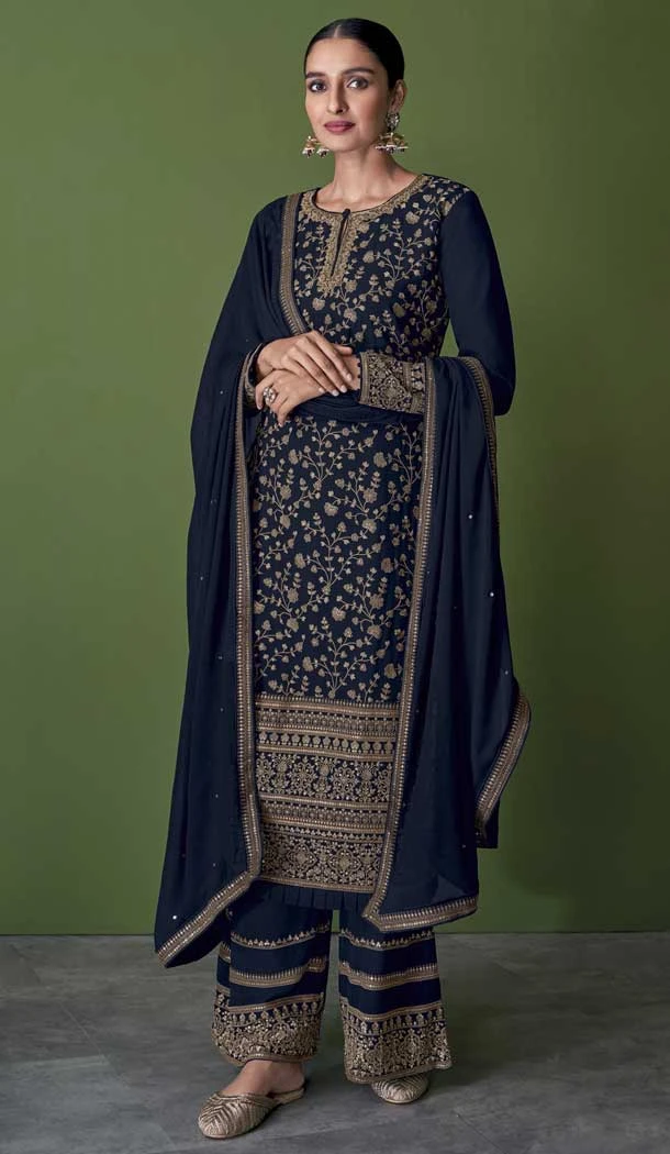 Navy Blue Fox Georgette Embroidery Pakistani Style Palazzo Salwar Kameez -4475154857
