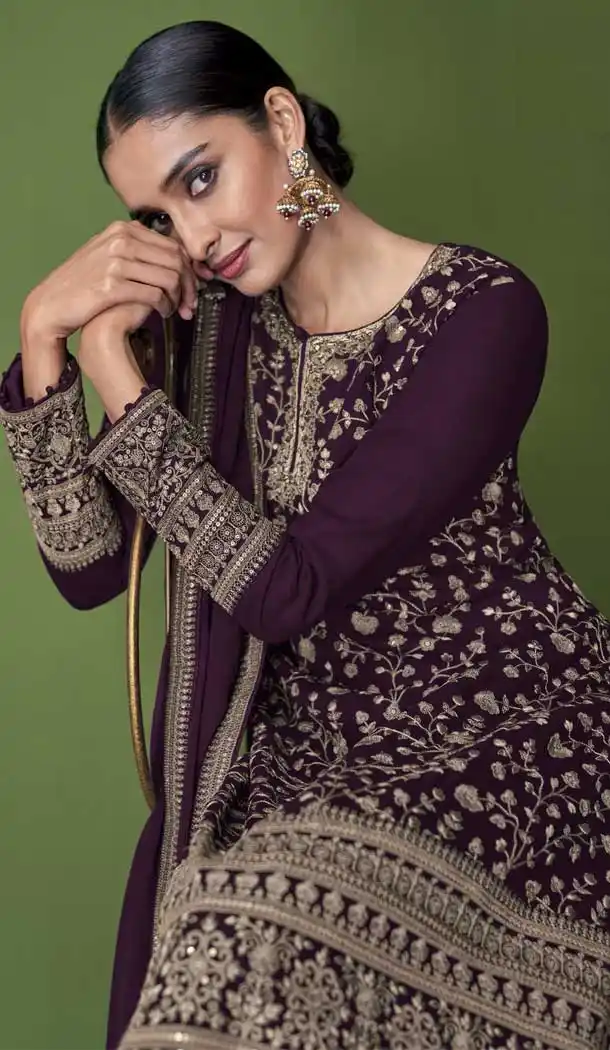 Wine Color Embroidery Work Georgette Pakistani Style Palazzo Salwar Kameez - 4475154858